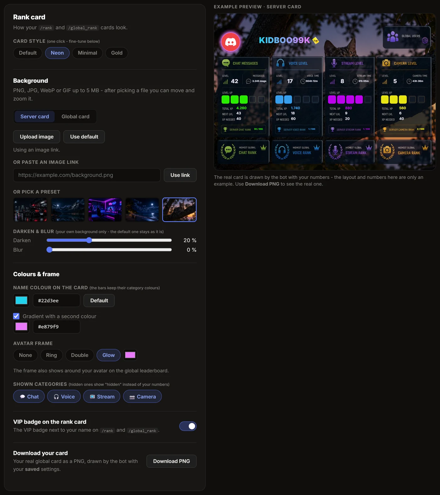 The rank card part of the Premium Customizer