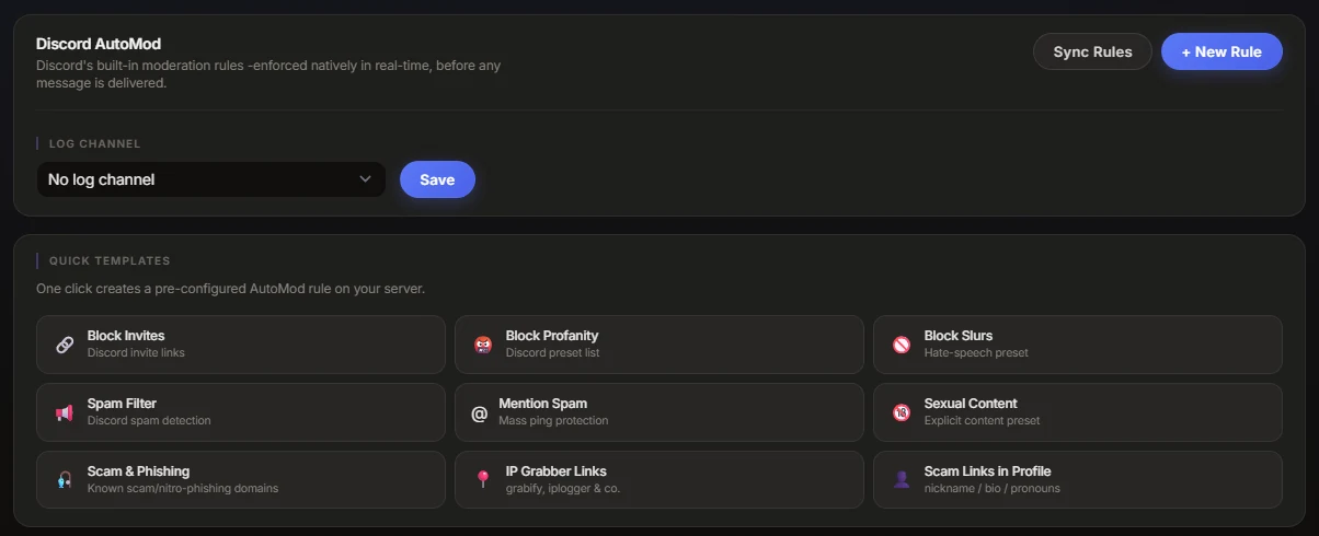 Discord AutoMod quick templates