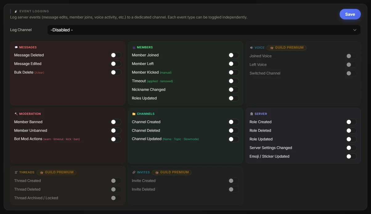 Event logging settings