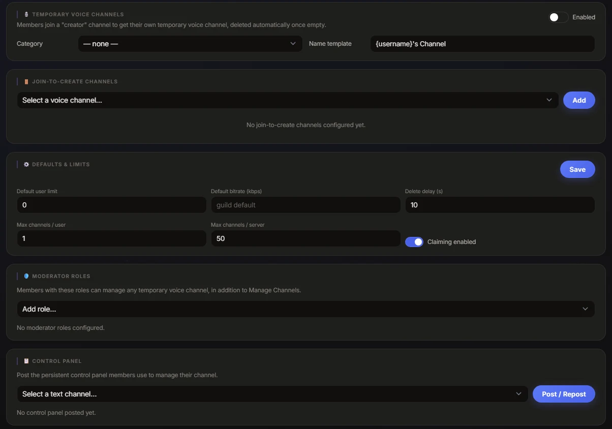 Temp voice settings in the dashboard